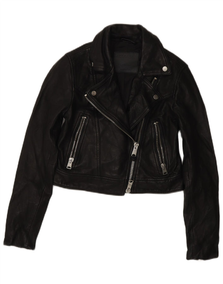 Jaqueta feminina de couro para motociclista All Saints Reino Unido 4 XS couro preto