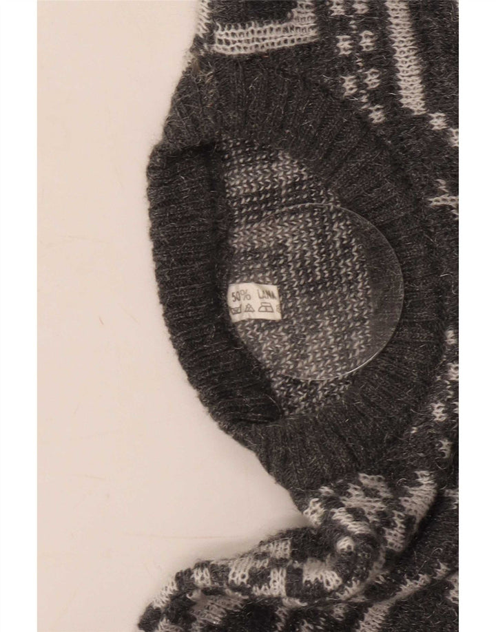 Suéter vintage masculino com gola redonda e lã geométrica cinza médio