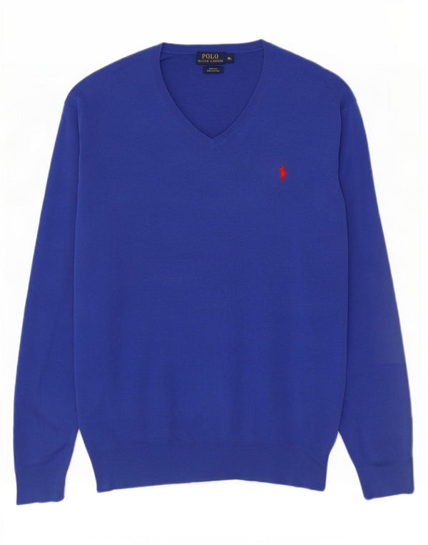 Polo Ralph Lauren Suéter masculino slim fit com decote em V XL algodão azul