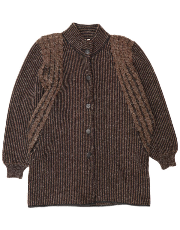 Suéter cardigã feminino vintage longline Reino Unido 14 risca de giz marrom médio