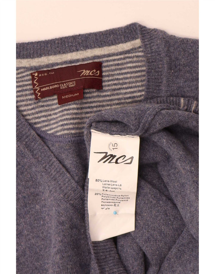 Suéter masculino Marlboro Classics com decote em V de lã azul médio