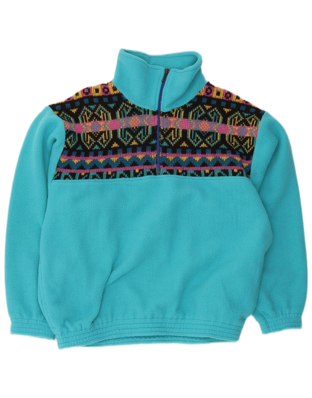 Suéter vintage masculino de lã com zíper e pescoço médio azul geométrico
