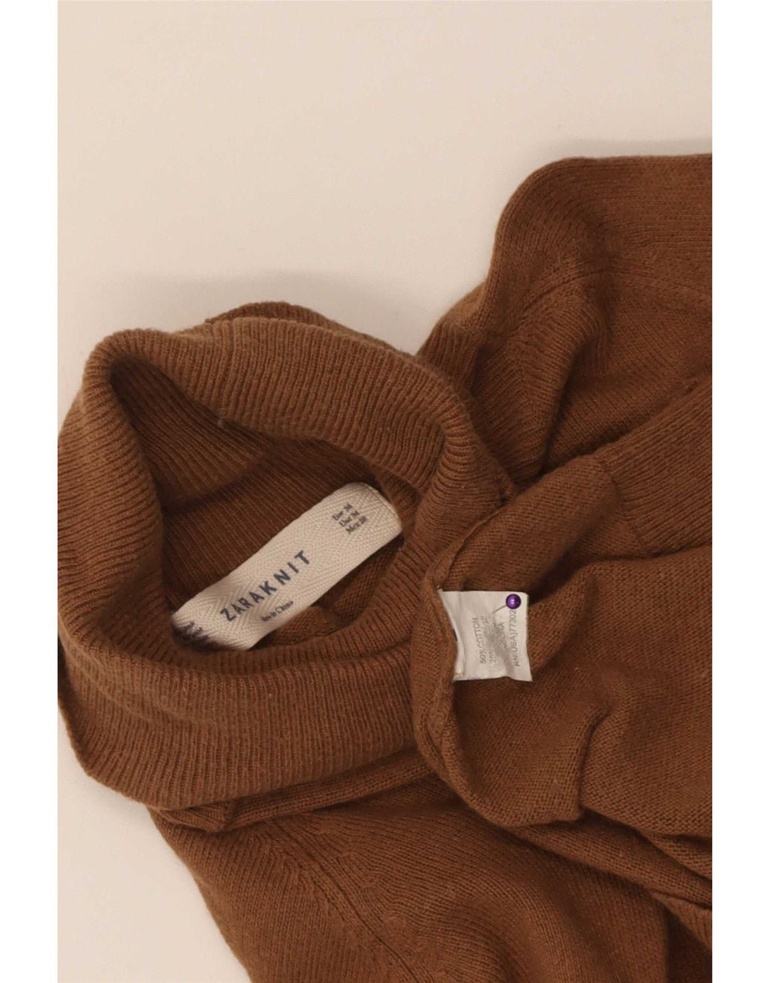 Suéter feminino Zara com gola redonda e algodão marrom médio UK 12