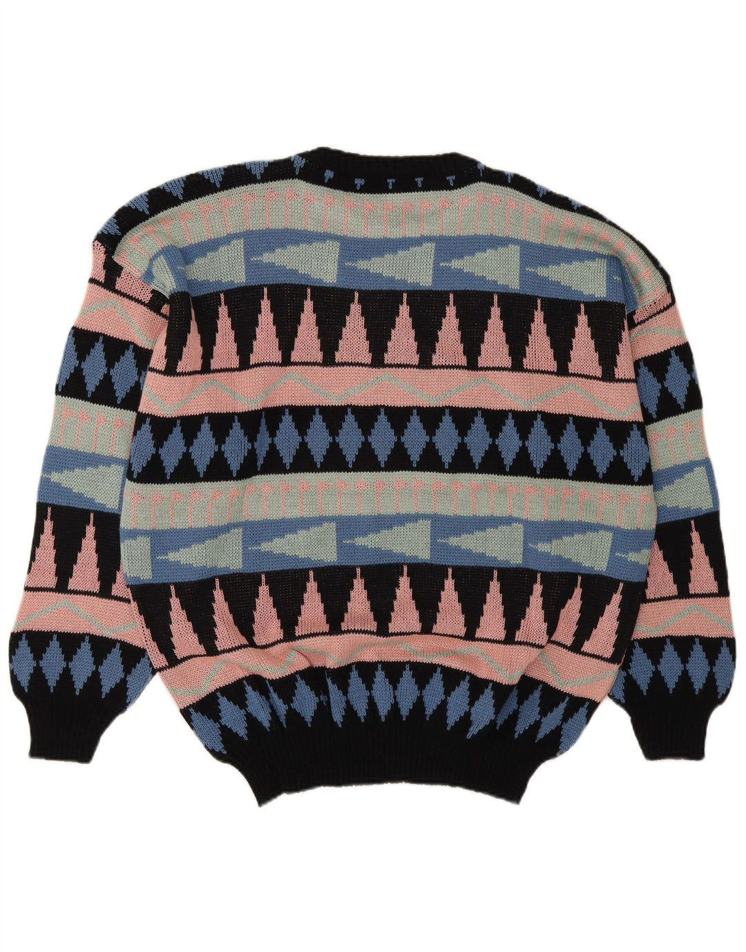 Suéter vintage masculino com gola redonda, grande acrílico geométrico multicolorido