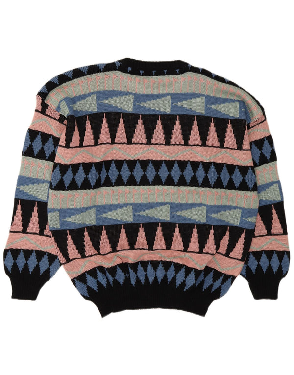 Suéter vintage masculino com gola redonda, grande acrílico geométrico multicolorido