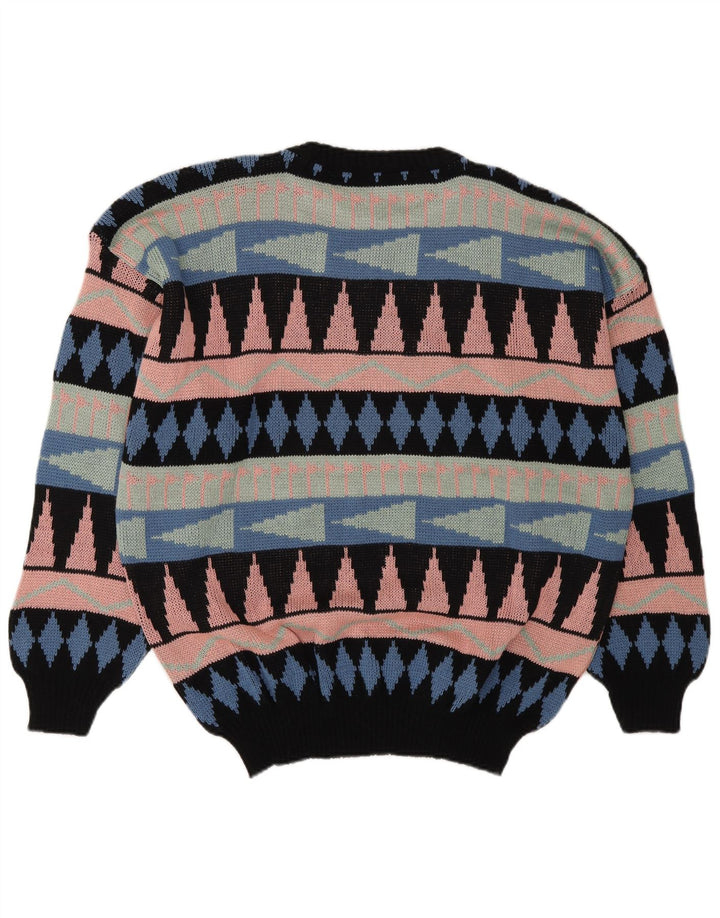 Suéter vintage masculino com gola redonda, grande acrílico geométrico multicolorido