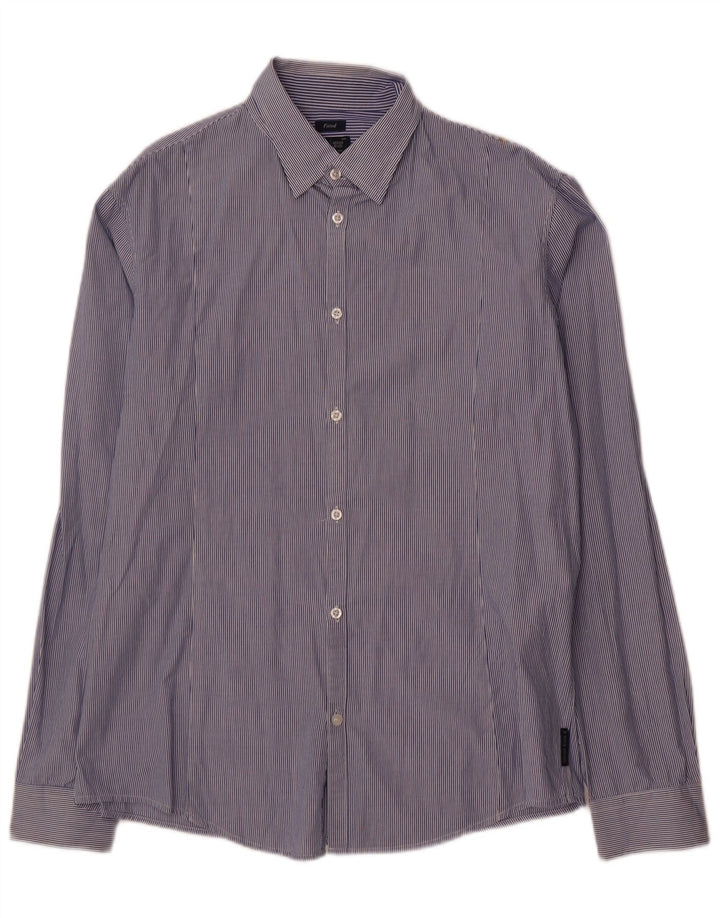 Armani Jeans Camisa masculina justa 2XL algodão listrado azul