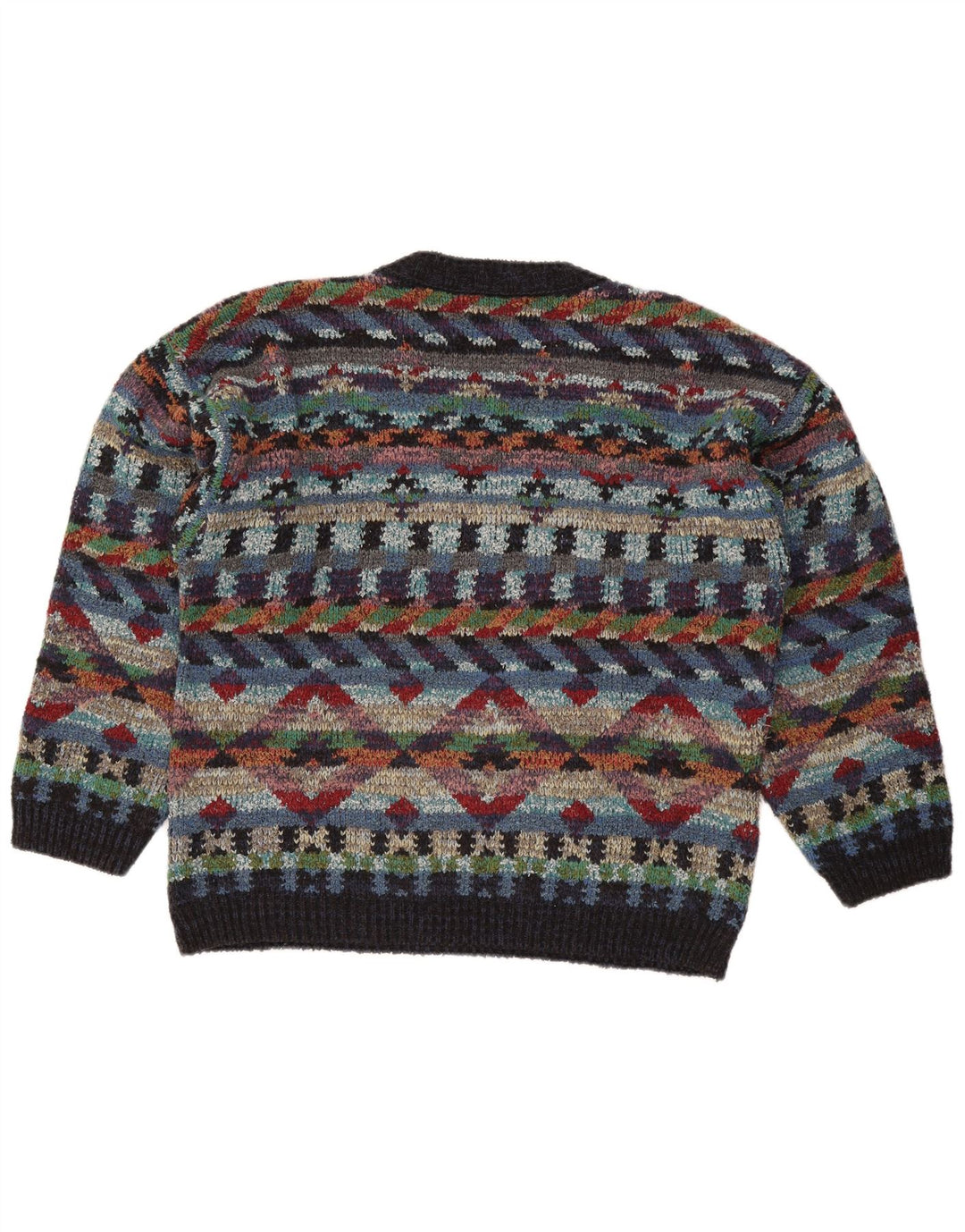Suéter masculino vintage com decote em V, lã geométrica multicolorida média