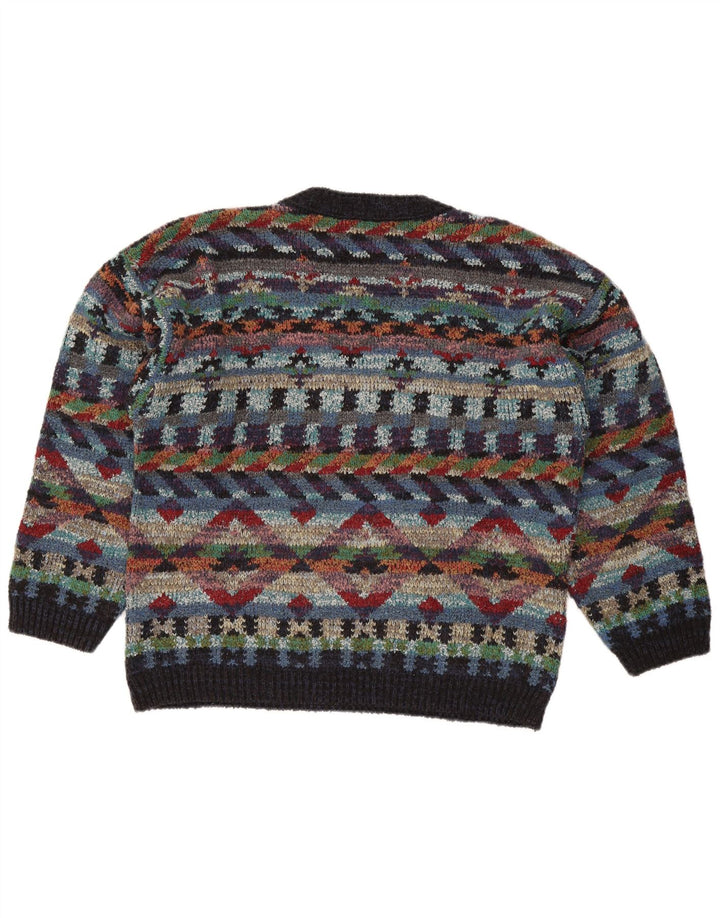 Suéter masculino vintage com decote em V, lã geométrica multicolorida média