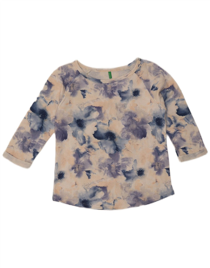 Top feminino BENETTON manga 3/4 Reino Unido 14 algodão floral azul médio