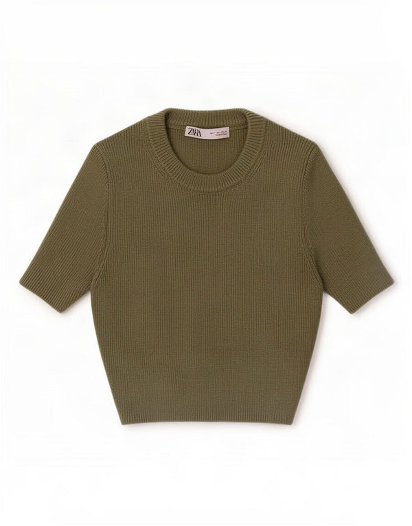 Suéter feminino Zara com manga curta e gola redonda Reino Unido 8 pequeno cáqui