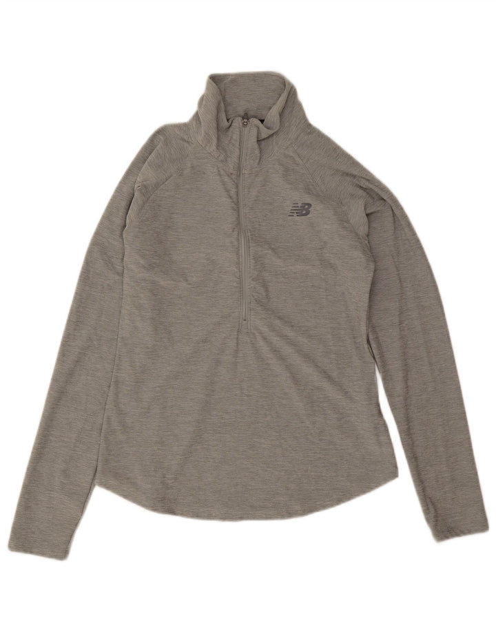 Top feminino New Balance com zíper e manga comprida UK 10 poliéster cinza pequeno
