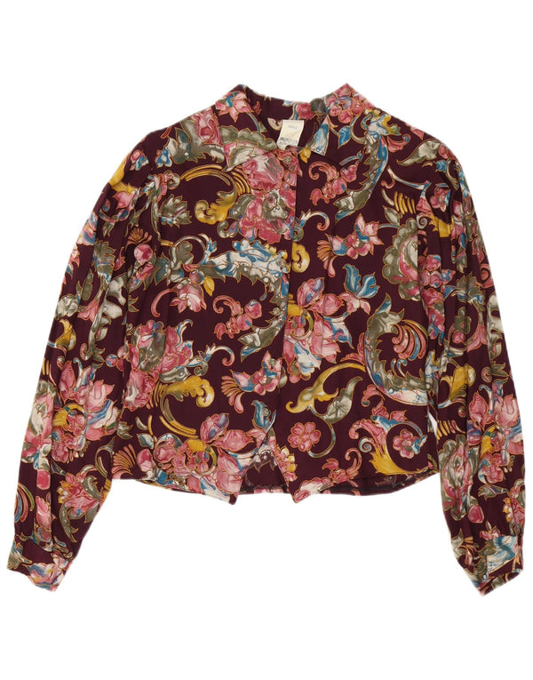 Blusa feminina vintage UK 10 pequena viscose floral borgonha