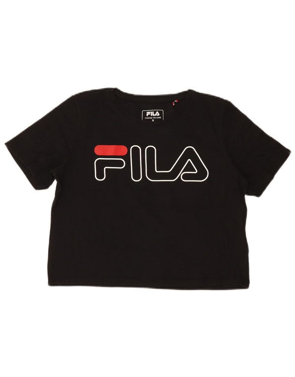 Fila Womens Crop Graphic T-Shirt Top UK 10 Pequeno Algodão Preto