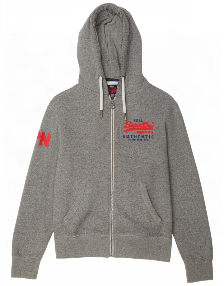 Suéter masculino Superdry com capuz e zíper gráfico cinza médio algodão