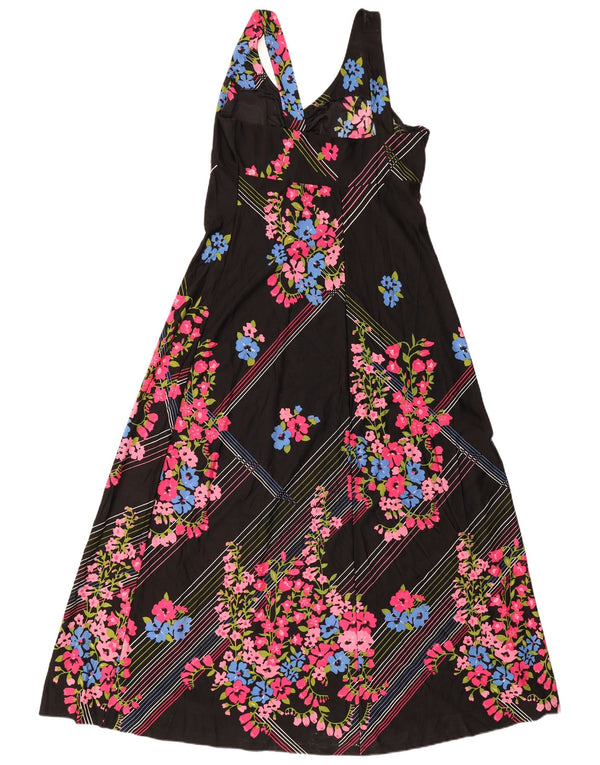 Vestido maxi feminino vintage sem mangas UK 12 médio preto floral