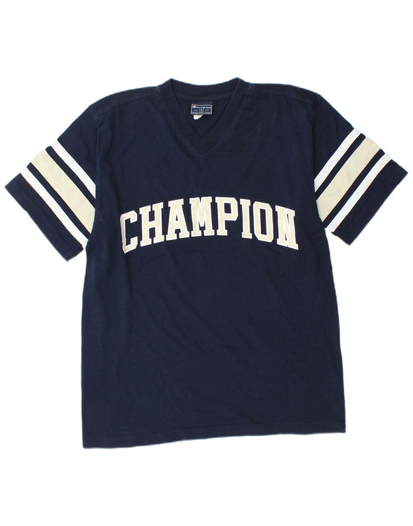 CAMPEÃO Camiseta masculina gráfica top pequeno algodão colorblock azul marinho
