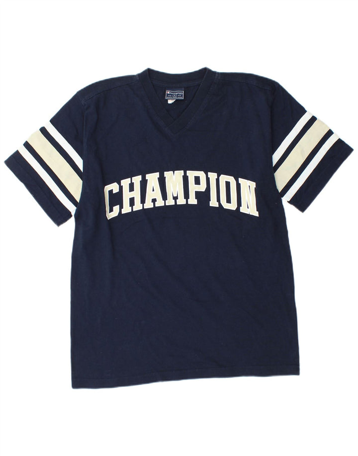 CAMPEÃO Camiseta masculina gráfica top pequeno algodão colorblock azul marinho