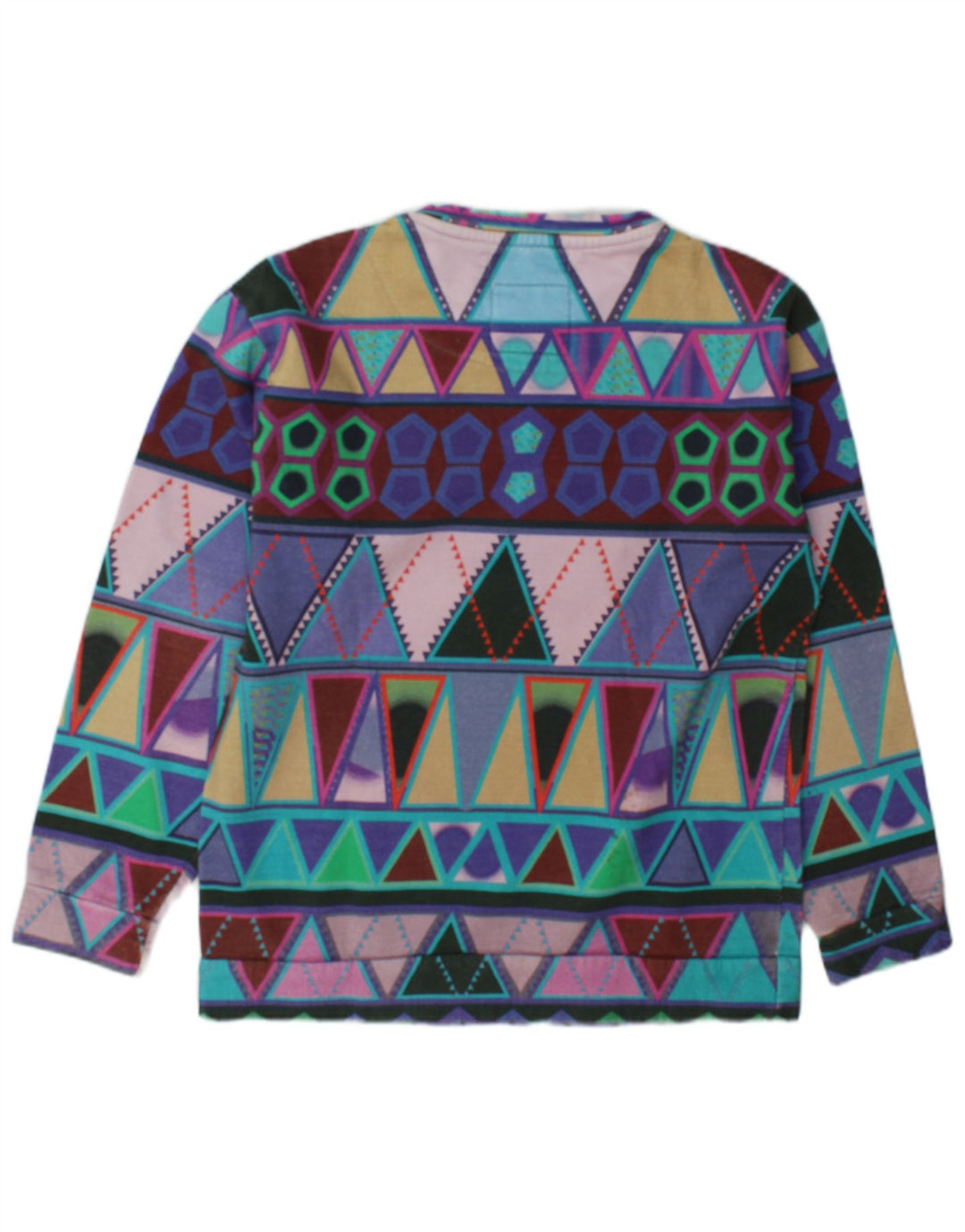 Suéter feminino vintage UK 14 médio multicolorido geométrico