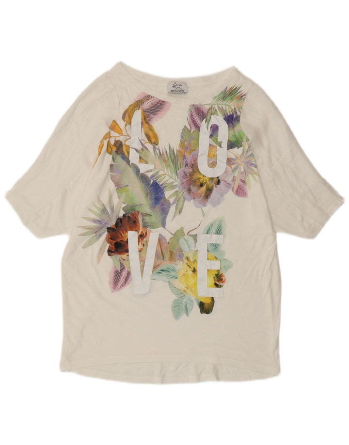 Camiseta feminina gráfica ZARA UK 10 pequena floral branca