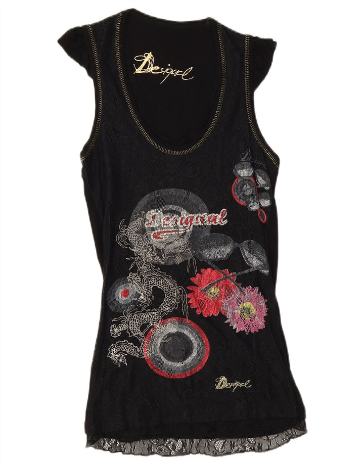 Blusa gráfica feminina Desigual Top UK 6 XS preto floral