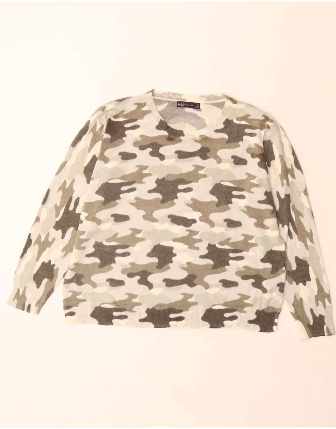 Suéter feminino MARKS & SPENCER com gola canoa UK 20 2XL camuflagem bege