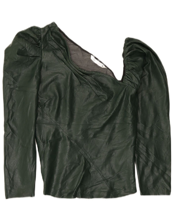 Zara Top feminino de couro sintético com um ombro Reino Unido 12 poliuretano verde médio