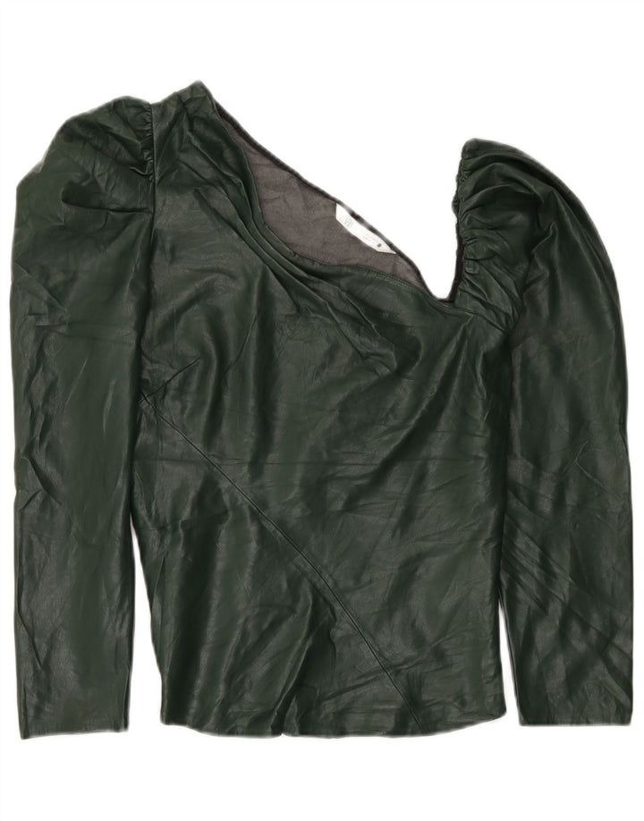 Zara Top feminino de couro sintético com um ombro Reino Unido 12 poliuretano verde médio