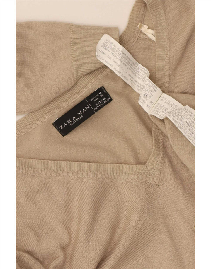 Zara Suéter masculino com decote em V, viscose bege médio