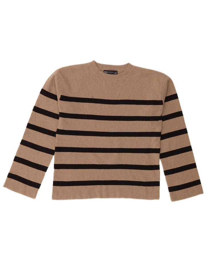 Suéter feminino MARKS & SPENCER com gola redonda e listras marrons pequenas UK 10