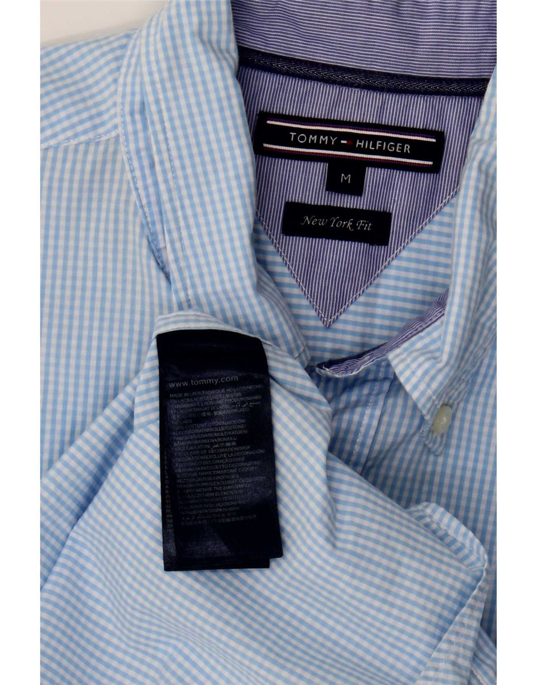 Tommy Hilfiger Camisa masculina de manga curta New York Fit média azul guingão