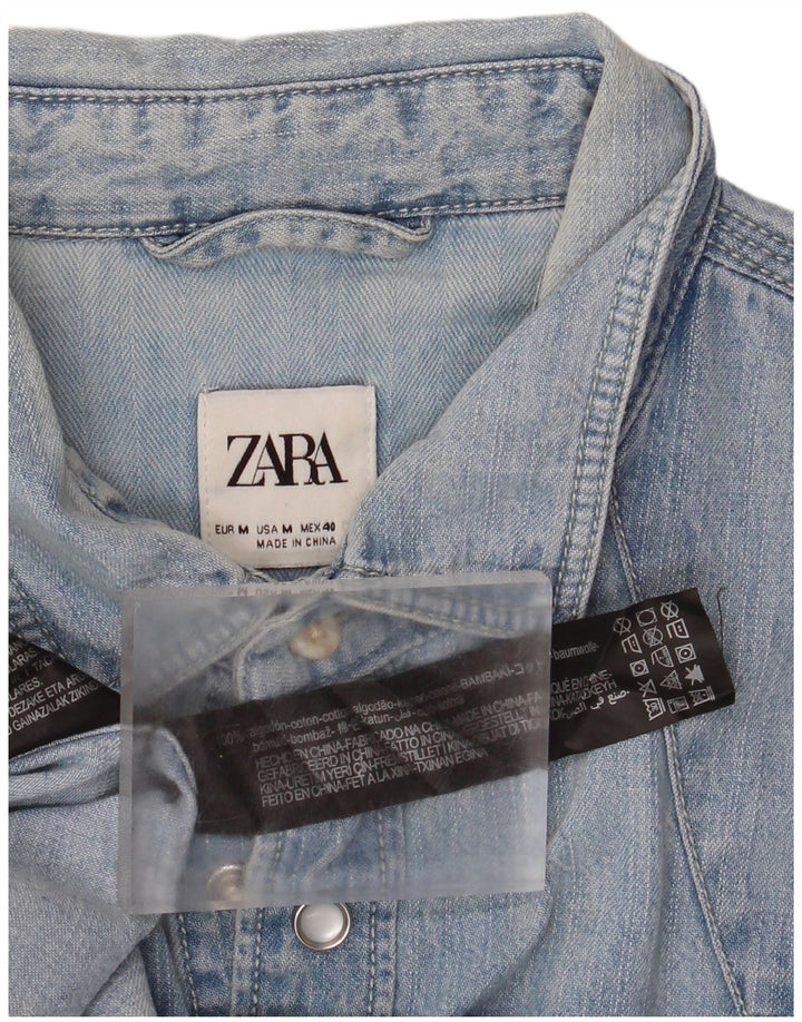 Zara Camisa jeans masculina média azul algodão