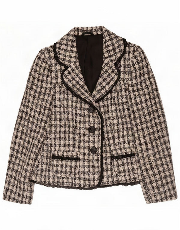 Jaqueta blazer feminina vintage de 3 botões Reino Unido 10 pequeno preto Houndstooth
