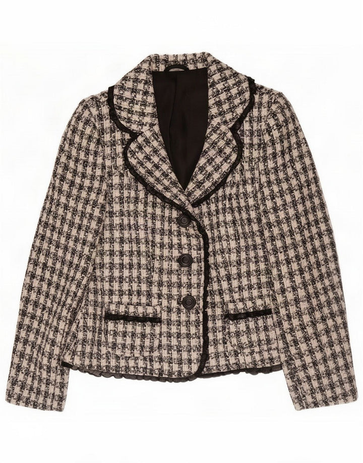 Jaqueta blazer feminina vintage de 3 botões Reino Unido 10 pequeno preto Houndstooth