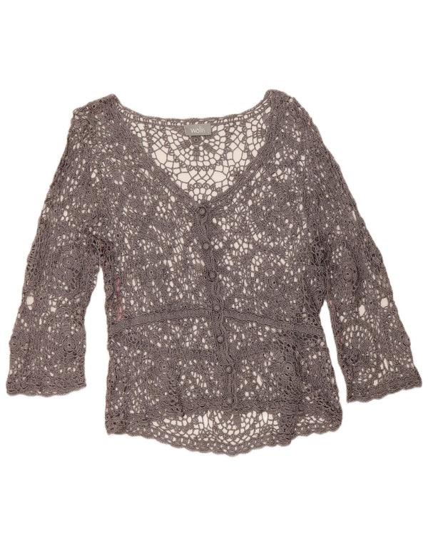 Blusa feminina de crochê com manga 3/4 Wallis Reino Unido 16 grande cinza