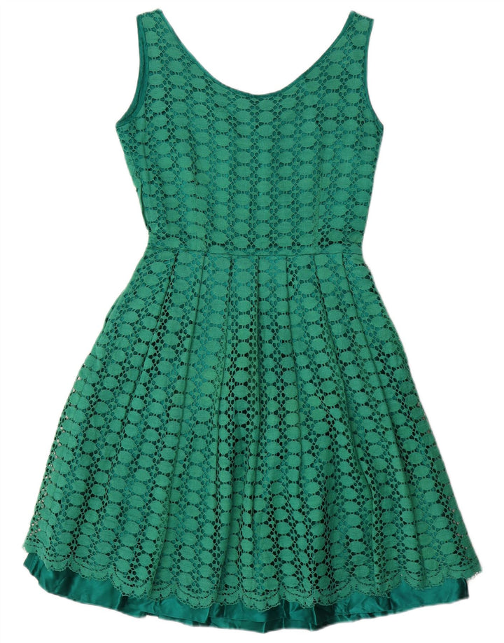 Vestido feminino VINTAGE sem mangas em linha A UK 10 pequeno verde