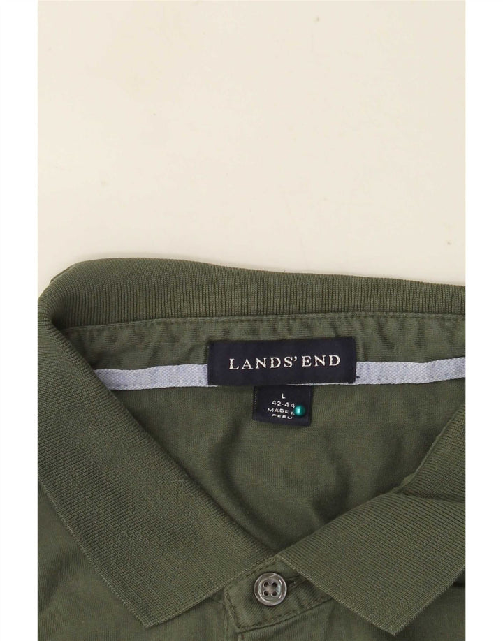 Lands End Camisa polo masculina de manga comprida grande algodão verde