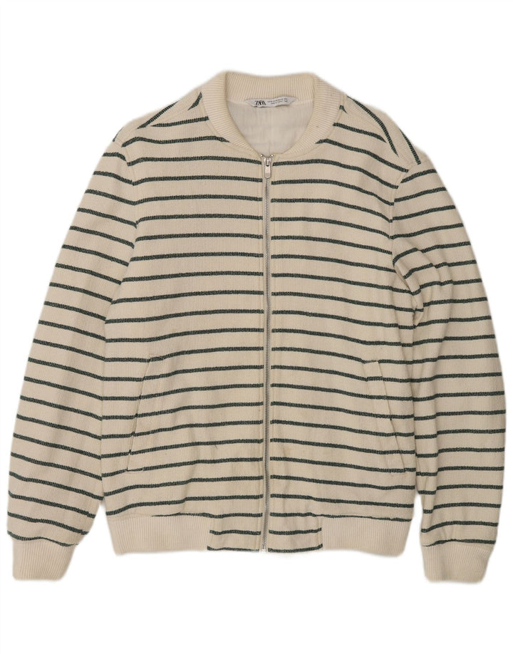 Suéter cardigã masculino Zara de algodão listrado branco médio