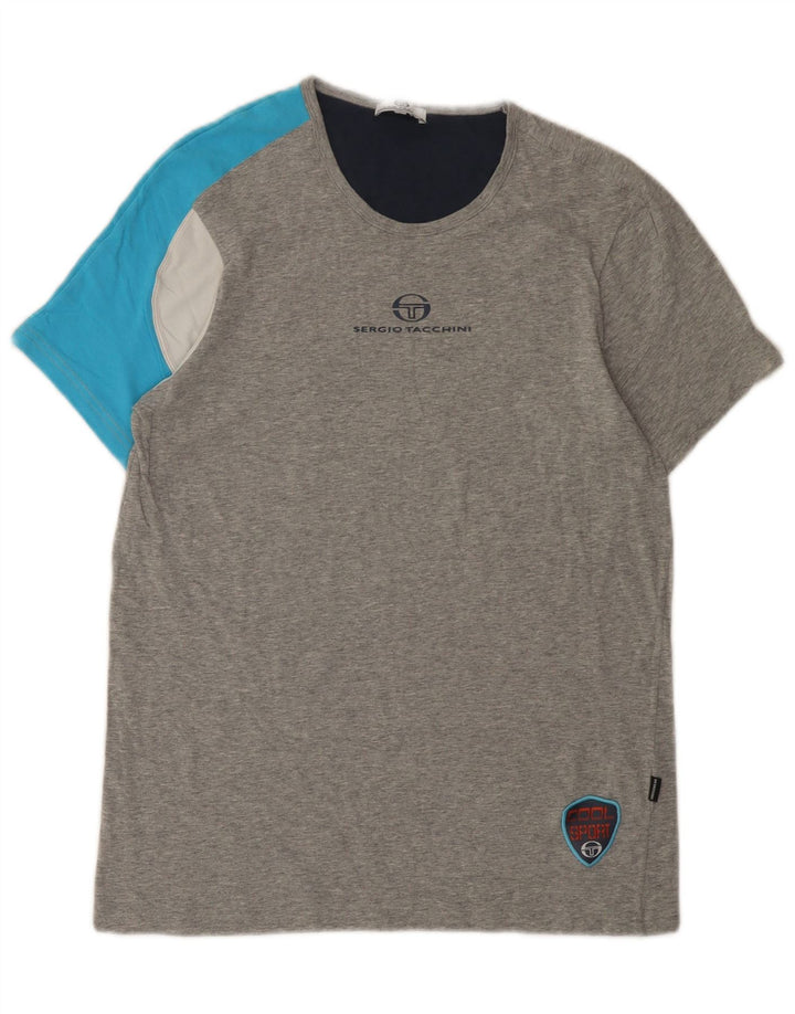 Sergio Tacchini Camiseta masculina gráfica top pequeno cinza colorblock algodão