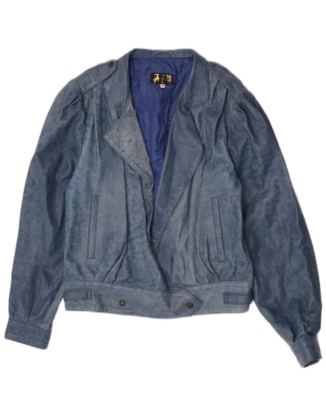 Jaqueta de couro feminina vintage IT 44 couro azul médio