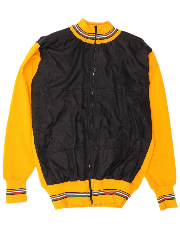 Jaqueta bomber vintage masculina de malha UK 38 lã colorblock amarelo médio