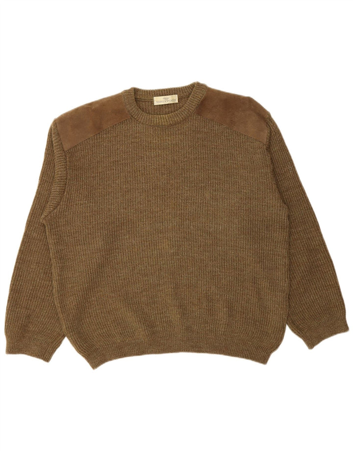 Suéter masculino Marks & Spencer com gola redonda, grande lã colorblock cáqui