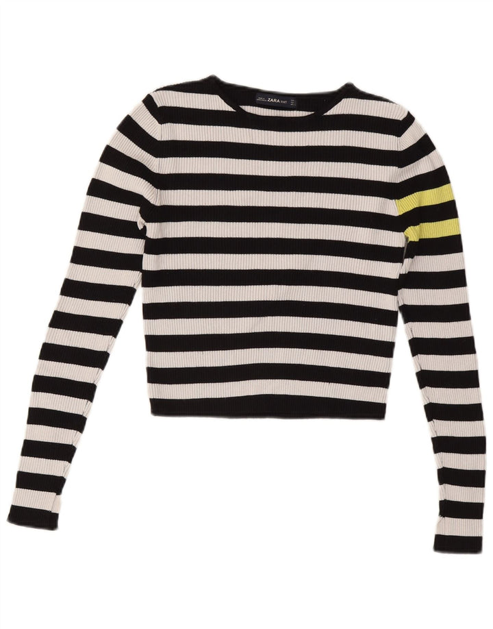 Suéter feminino ZARA com gola canoa e gola redonda, Reino Unido 12, listrado preto médio