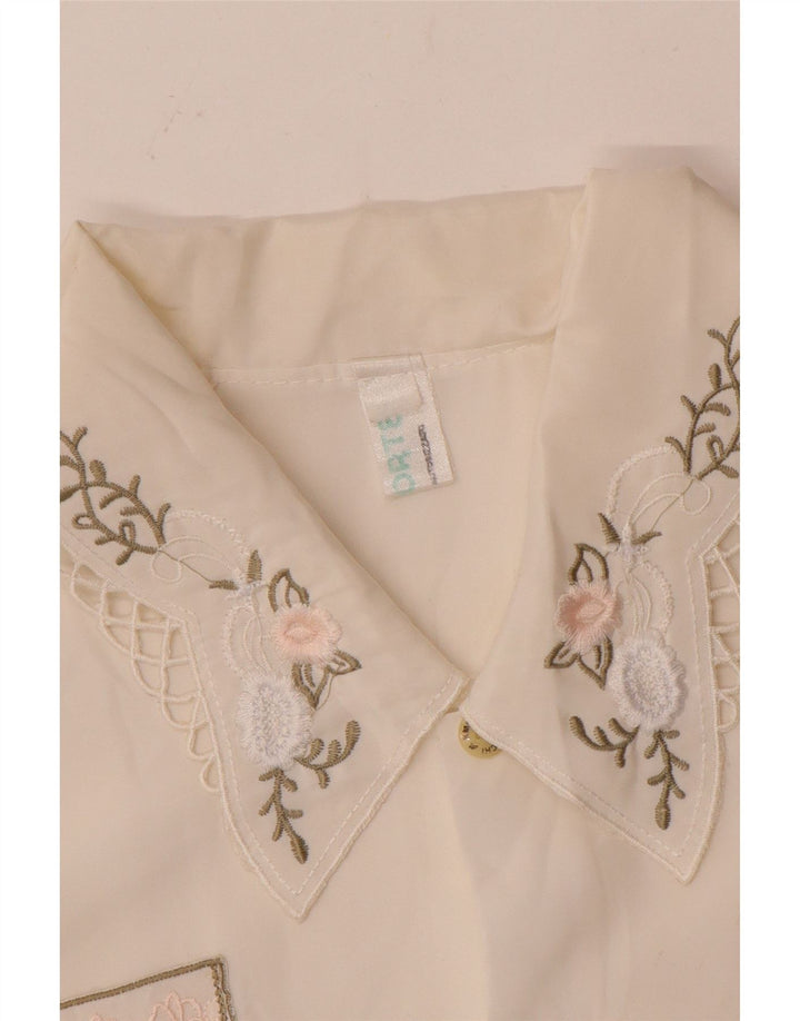 Blusa feminina vintage UK 14 médio floral branco