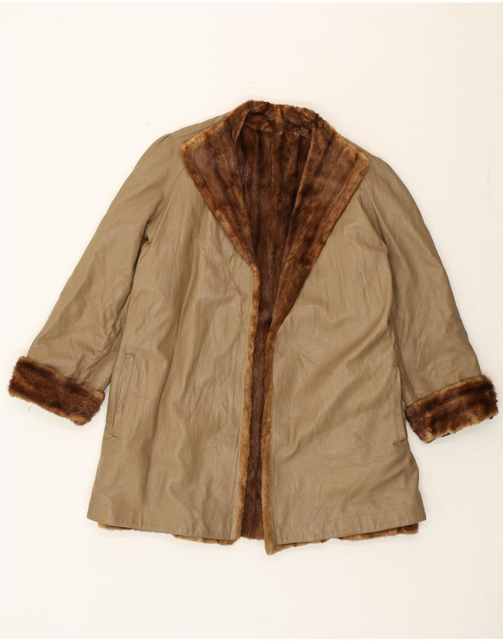 Casaco de couro de pele vintage feminino Reino Unido 16 grande bege