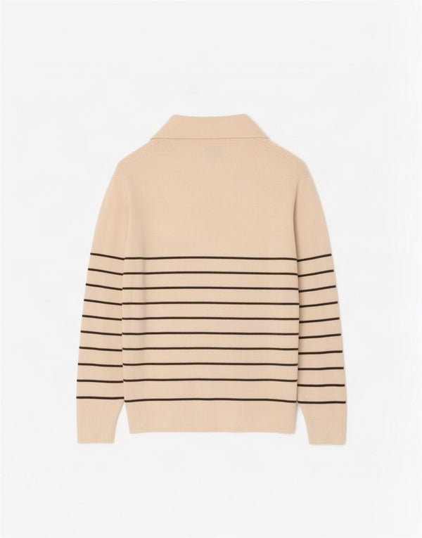 Suéter masculino Massimo Dutti com zíper e gola grande de algodão listrado branco