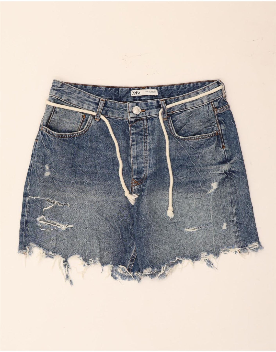 Zara Shorts jeans feminino desgastado UE 42 grande W32 algodão azul