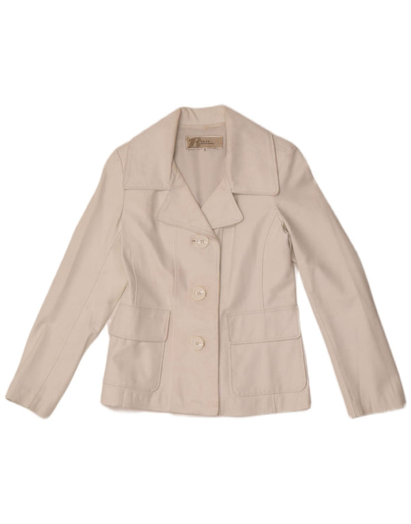 Jaqueta blazer feminina vintage de couro com 3 botões Reino Unido 10 pequena branca
