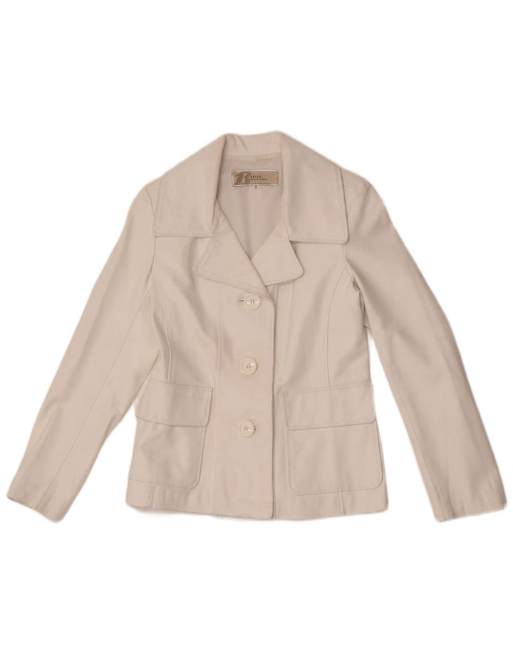 Jaqueta blazer feminina vintage de couro com 3 botões Reino Unido 10 pequena branca