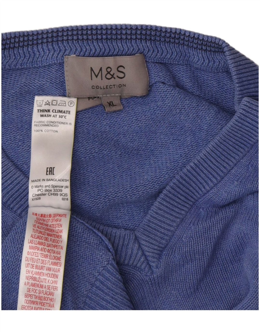 Suéter masculino Marks & Spencer com decote em V XL azul algodão